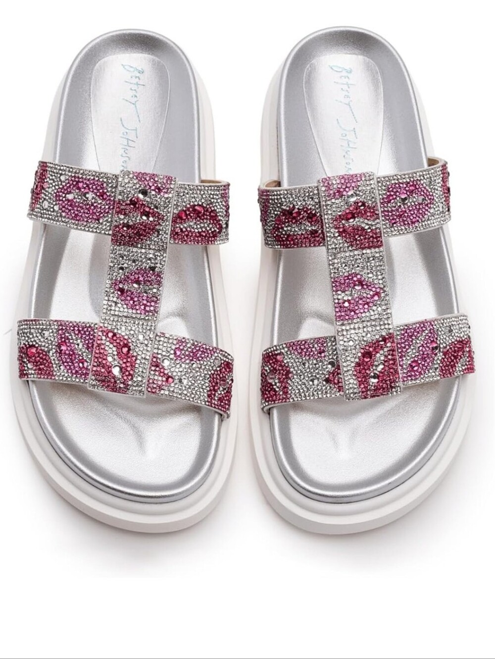 Betsey Johnson Silver Slide Sandals with Pink Crystal Lip Motif 1" Platform MWT